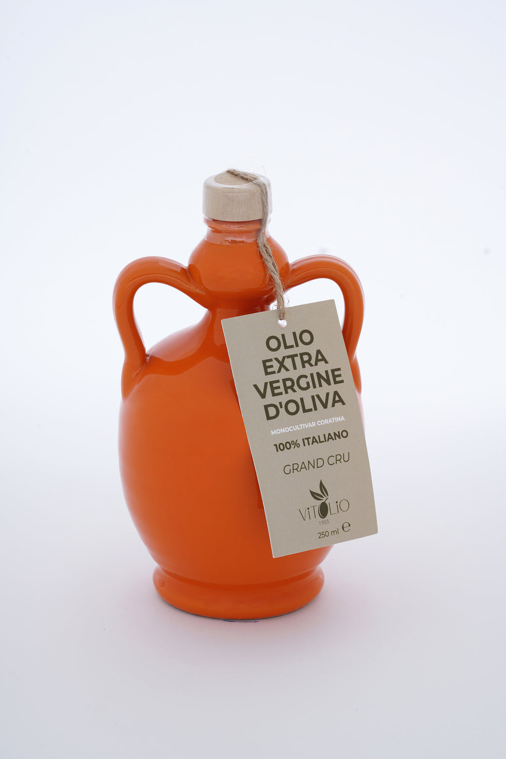 Bottiglia tradizionale in ceramica di Olio Extravergine di Oliva Coratina con etichetta elegante